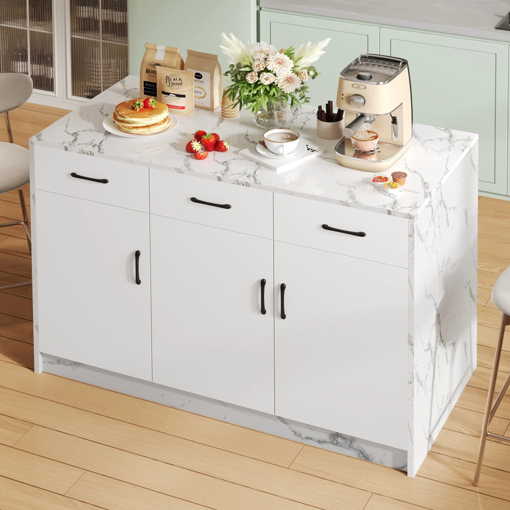 Mobile base da cucina con area bar; 3 cassetti e 3 ante con ripiani regolabili bianco effetto marmo 120 × 60 × 90.5 cm