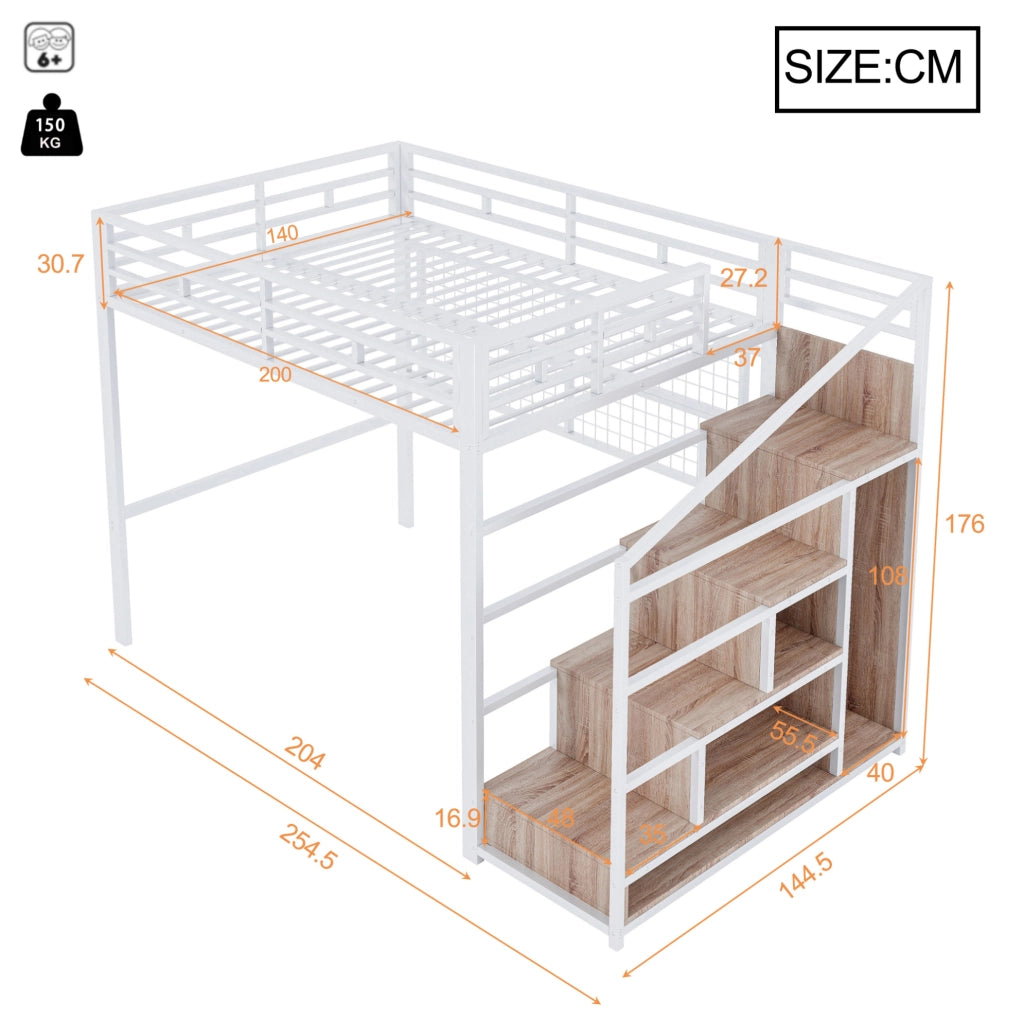 Letto a soppalco 140x200 cm con struttura in ferro, guardaroba, scala con vano contenitore e griglia appendi-oggetti, illuminazione LED a 7 colori, senza materasso, bianco