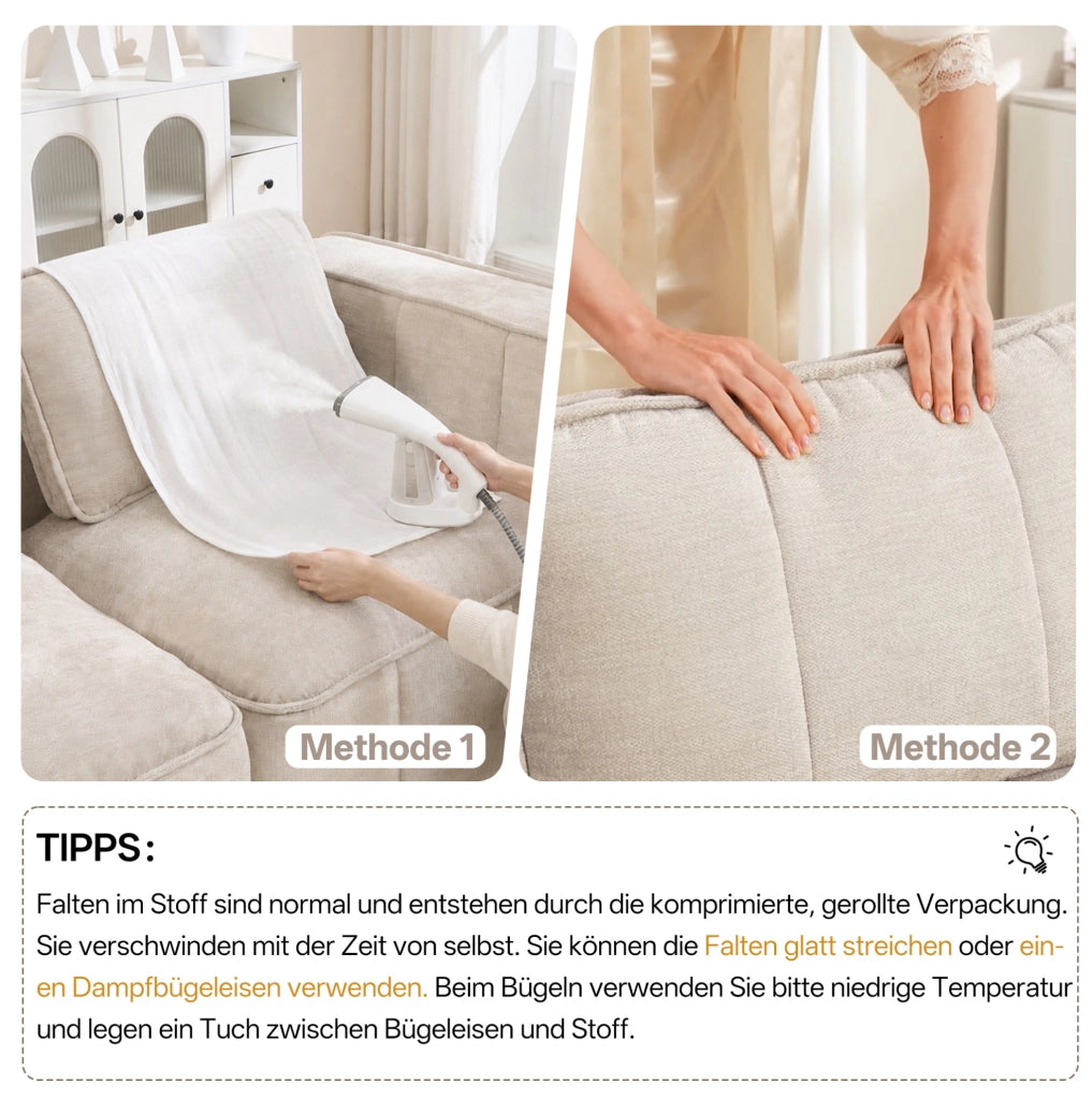 Divano modulare a L, 2 posti senza telaio con pouf beige in tessuto poliestere resistente, 198x162x67 cm