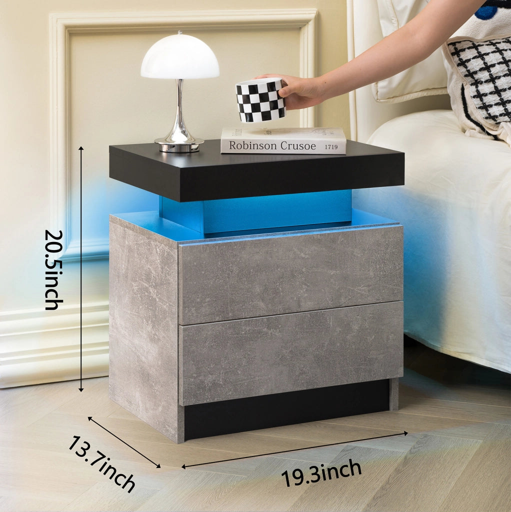 Comodino LED grigio con 2 cassetti e vano a giorno