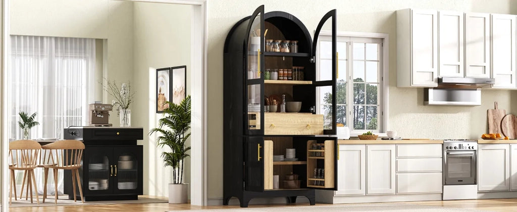 Highboard nero con ripiani regolabili, cassetto e ante in vetro rigato, ampio spazio contenitore per cucina, sala da pranzo e soggiorno