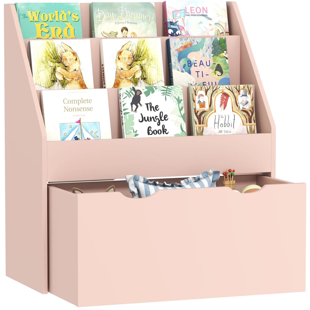 Libreria per Bambini Rosa Mobile Portaoggetti con 3 Ripiani e Cassetto Salvaspazio per Cameretta 62,5 x 30 x 70 cm