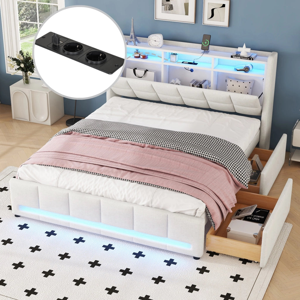 Letto Imbottito 140x200 cm in lino con Cassetti; LED; USB-C Beige