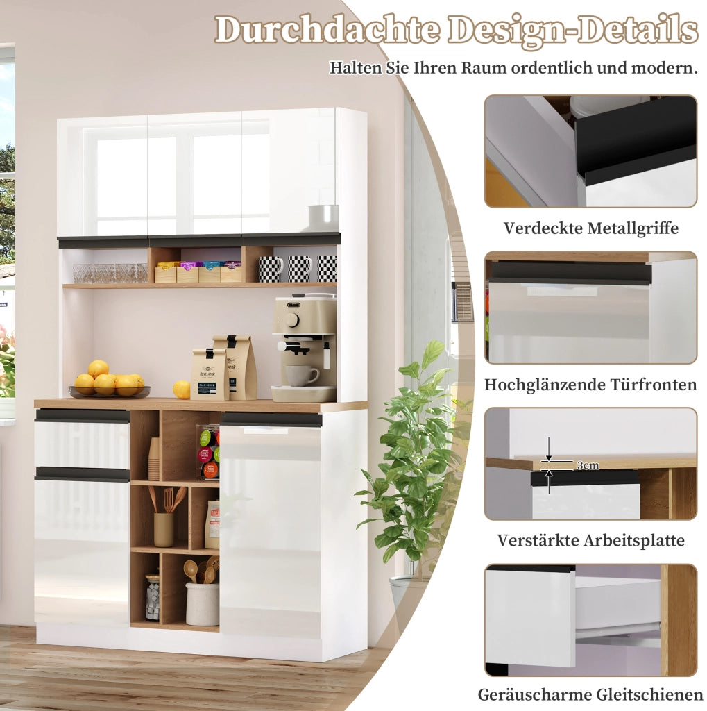 Credenza da cucina in MDF bianco lucido 105 × 45 × 185 cm con cassetto e ripiani regolabili