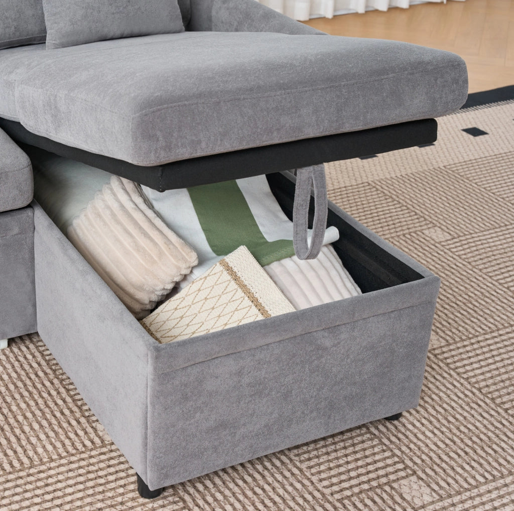 Divano angolare a U con funzione letto e contenitore, grande divano in ciniglia grigio per soggiorno o camera ospiti