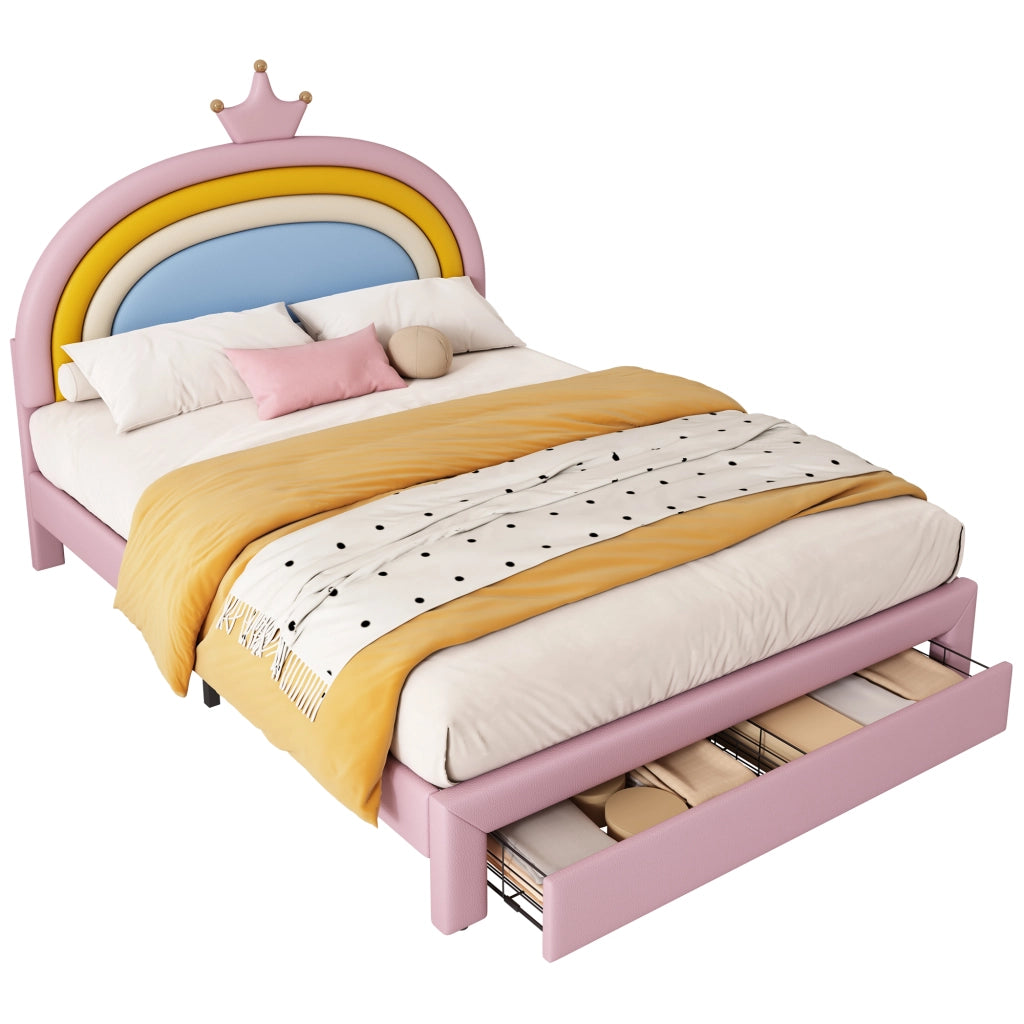 Letto per bambini 140 × 200 cm con 2 cassetti e testiera regolabile, senza materasso, con rivestimento in PU rosa