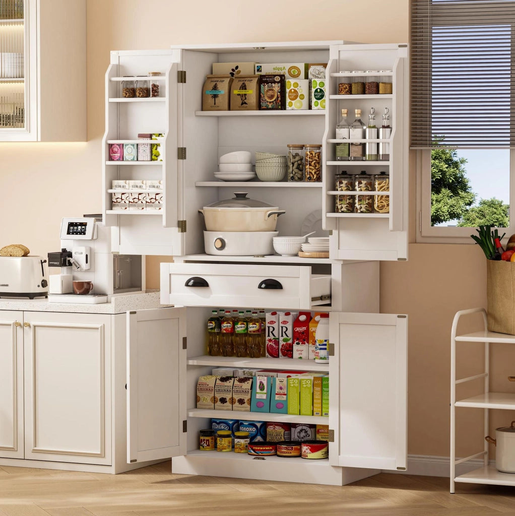 Credenza alta da cucina 80x40x182 cm con 4 ante; cassetto e ripiani regolabili in MDF bianco
