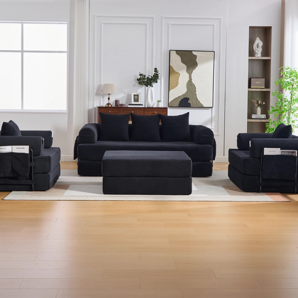 Set soggiorno modulare con divano 3 posti poltrona e pouf in velluto a coste nero struttura in metallo e tasca laterale