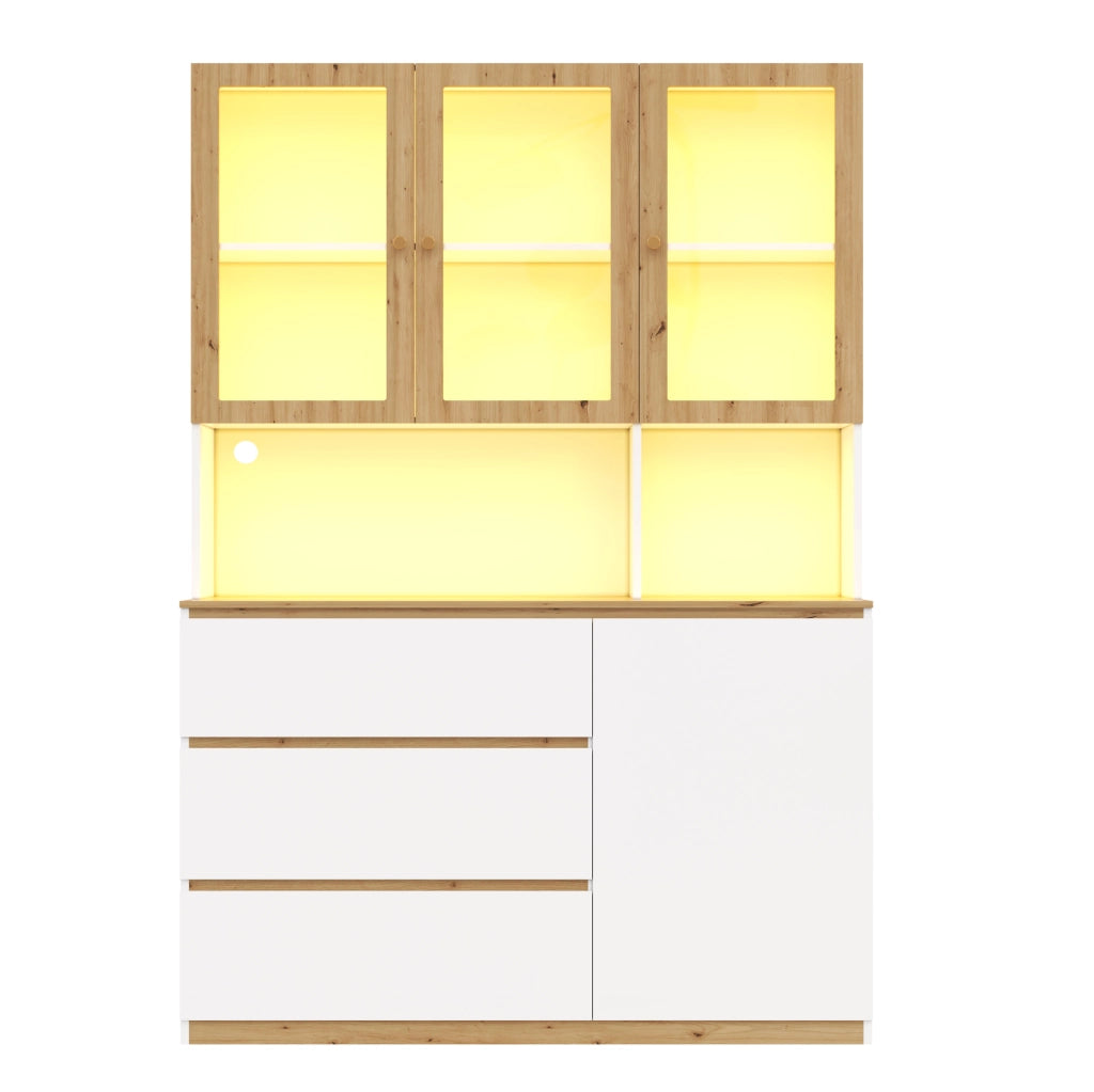 Vetrina alta multifunzione con LED, bianco e rovere