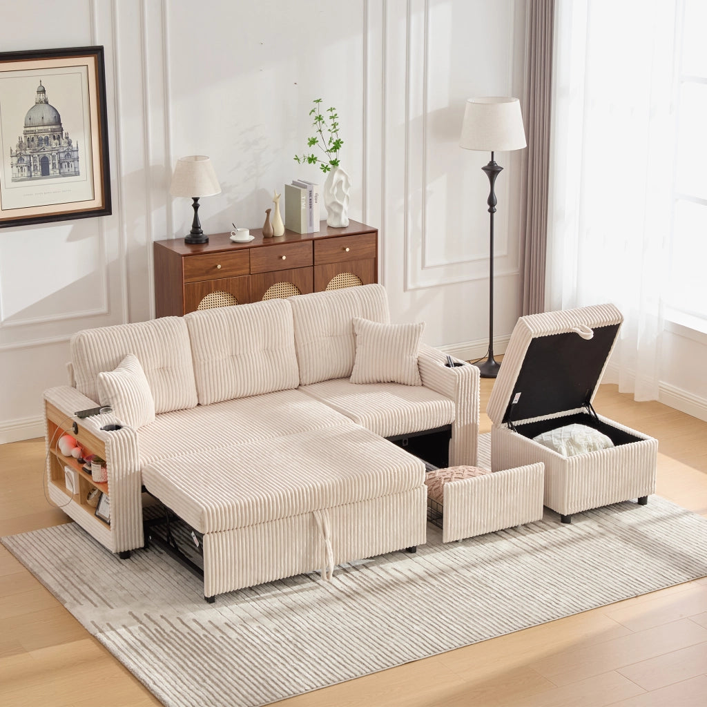 Divano letto estraibile in velluto a coste beige con vano contenitore USB-C e LED 196 × 82–144 × 85 cm