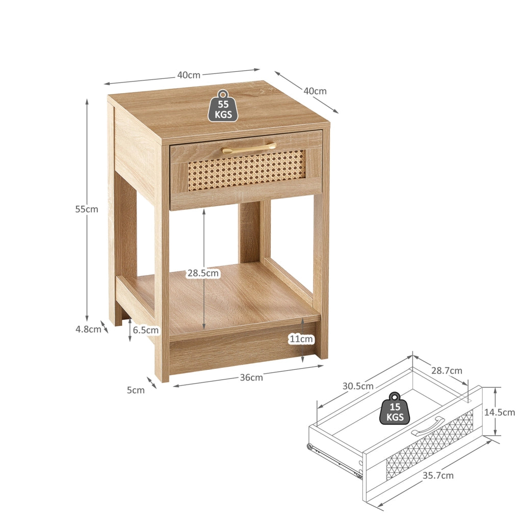 Comodino in rattan con cassetto, tavolino moderno per camera e soggiorno, effetto legno naturale H55xL40xP40 cm