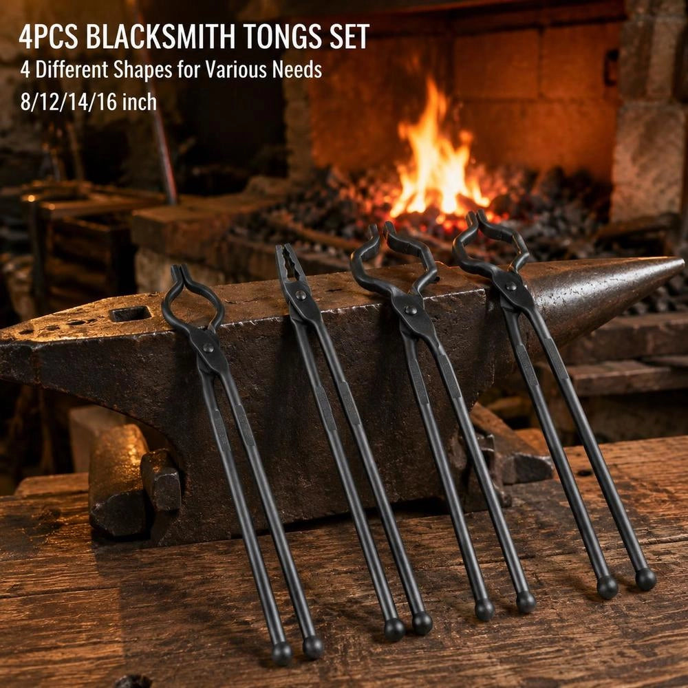 Blacksmith's Tongs Set, V-Bit, Wolf, ZV, Gripping Tongs, 4 Pcs. Carbon Steel Blacksmith's Tongs, 465 X 60 X 19 Mm / 461 X 68 X 18 Mm / 458 X 38 X 19.0 Mm / 463 X 78 X 52.3 Mm, With Extended Handle