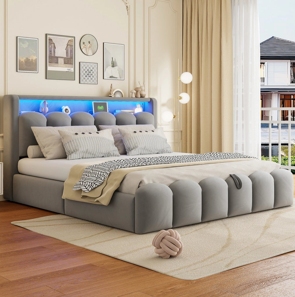 Letto matrimoniale imbottito 180x200 cm in velluto grigio con contenitore; LED e USB/Type-C