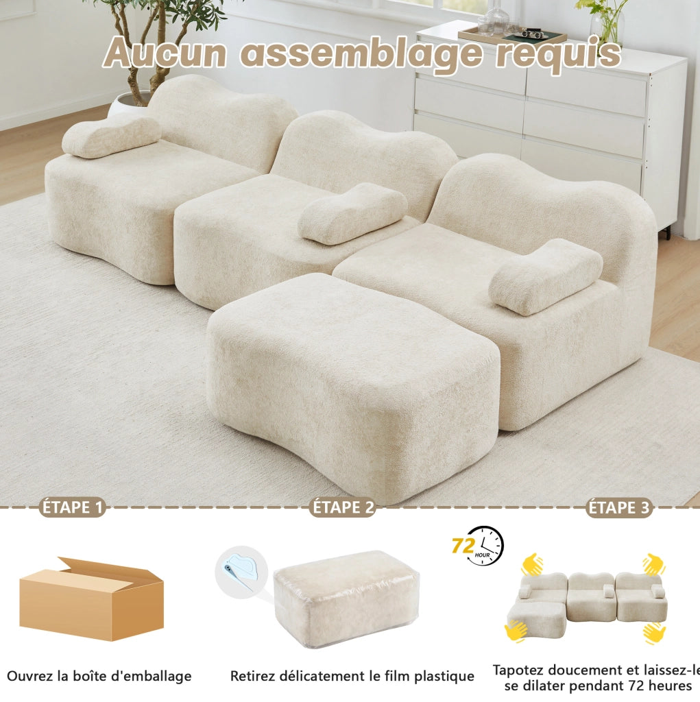 Divano modulare 2 posti senza telaio con cuscini profondi e rivestimento in velluto beige, senza montaggio