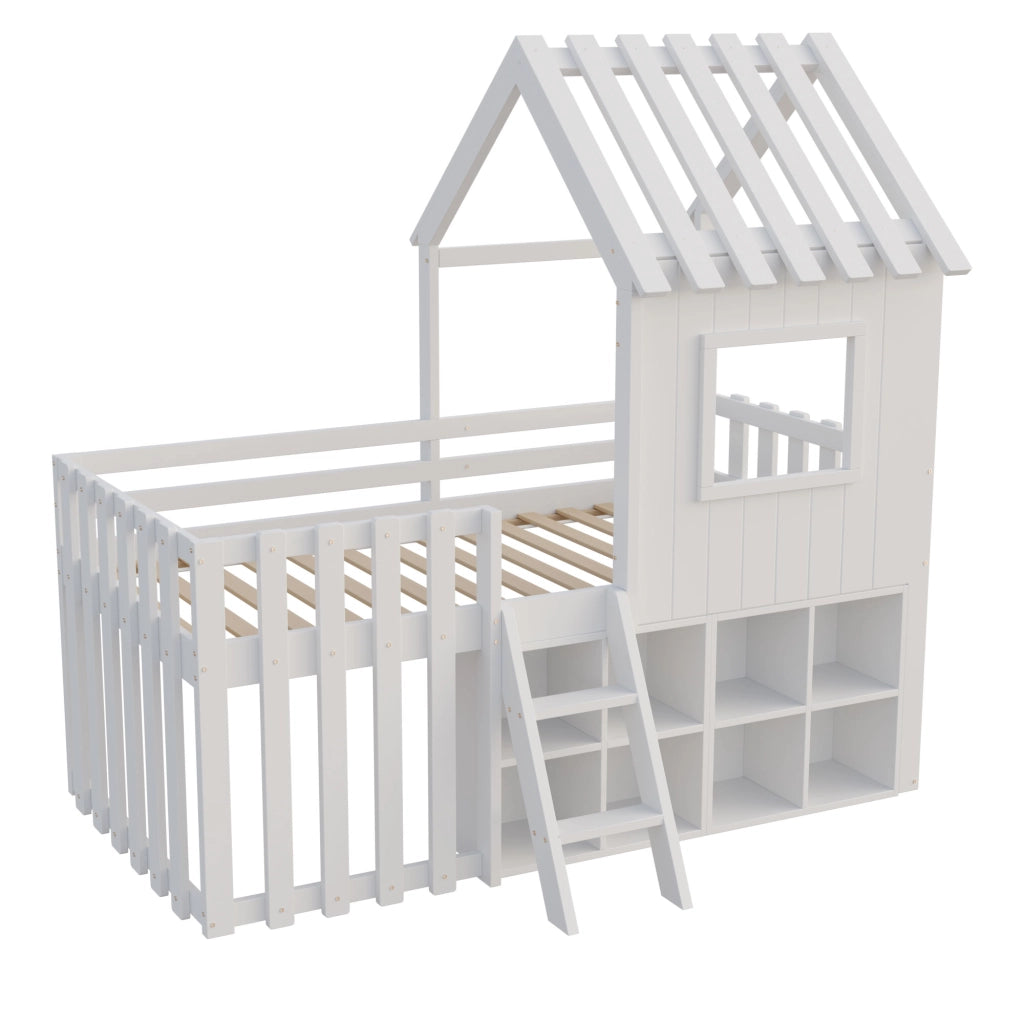 Letto casetta per bambini 90x200 in legno massello; rialzato con scala; contenitore e struttura bianca