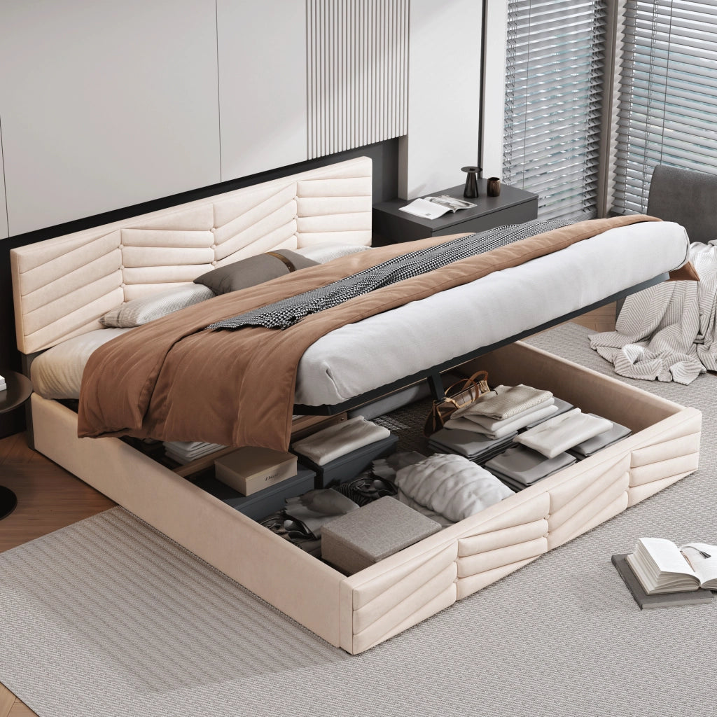 Letto matrimoniale 160 × 200 cm 2 posti con contenitore idraulico e testiera regolabile; senza materasso; in velluto beige