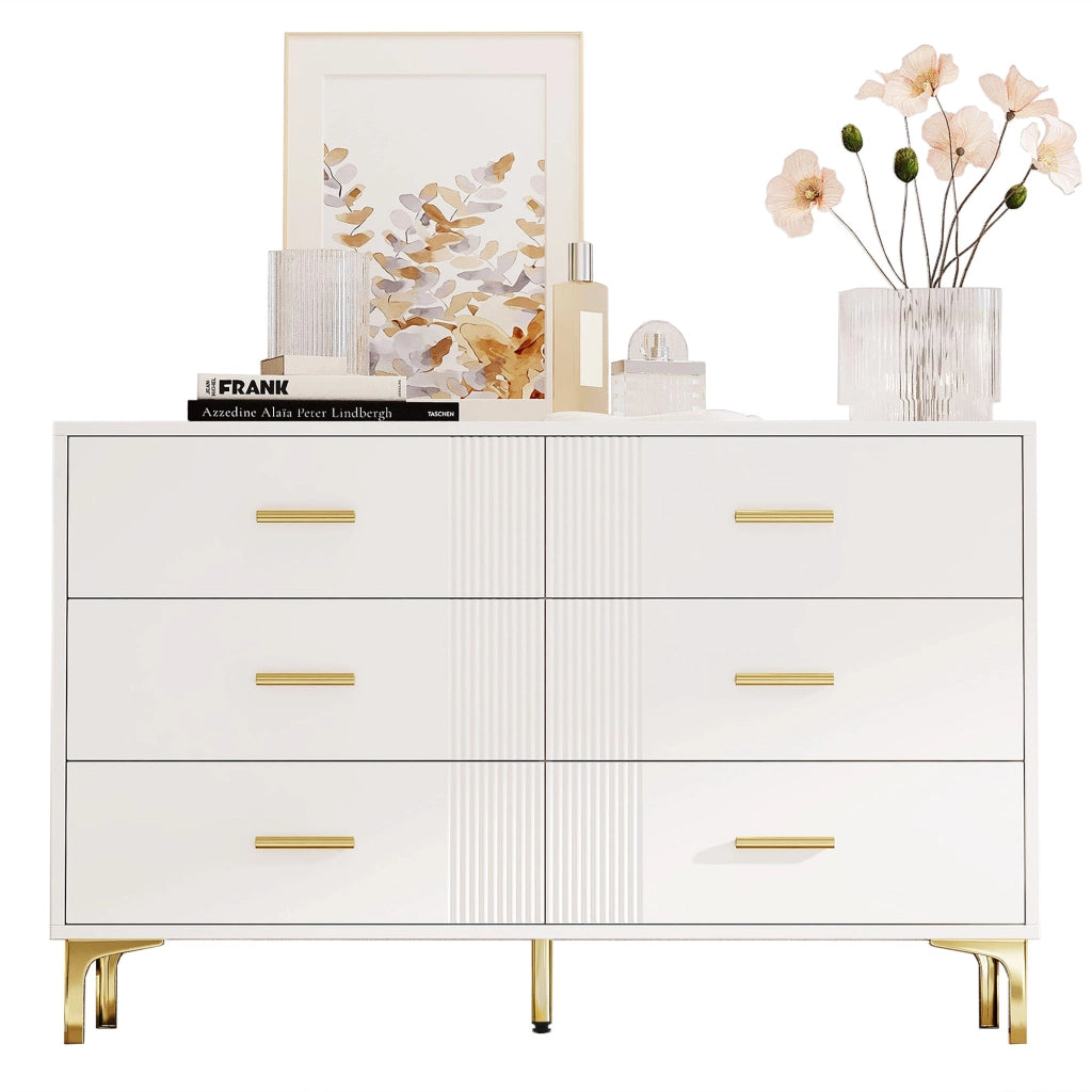 Cassettiera a 6 cassetti in MDF bianco con superficie ondulata; guide robuste e piedini rialzati 120 × 40 × 76 cm