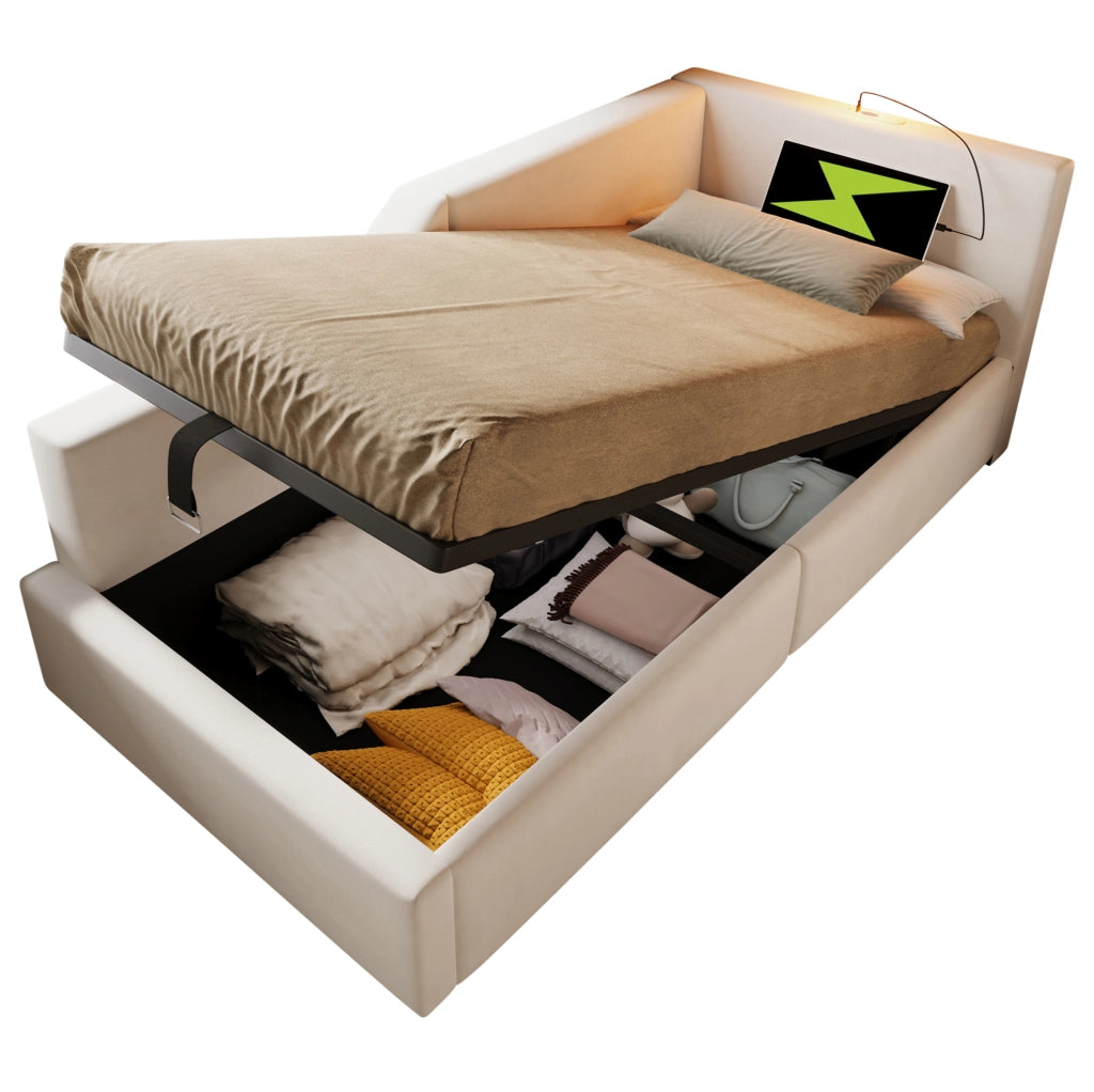Letto a giorno 90x200 cm con contenitore; lampada da lettura e USB C; velluto beige