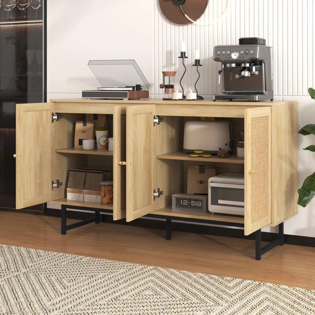 Sideboard 140x39,5x80 cm con intreccio in vero rattan, 4 ante