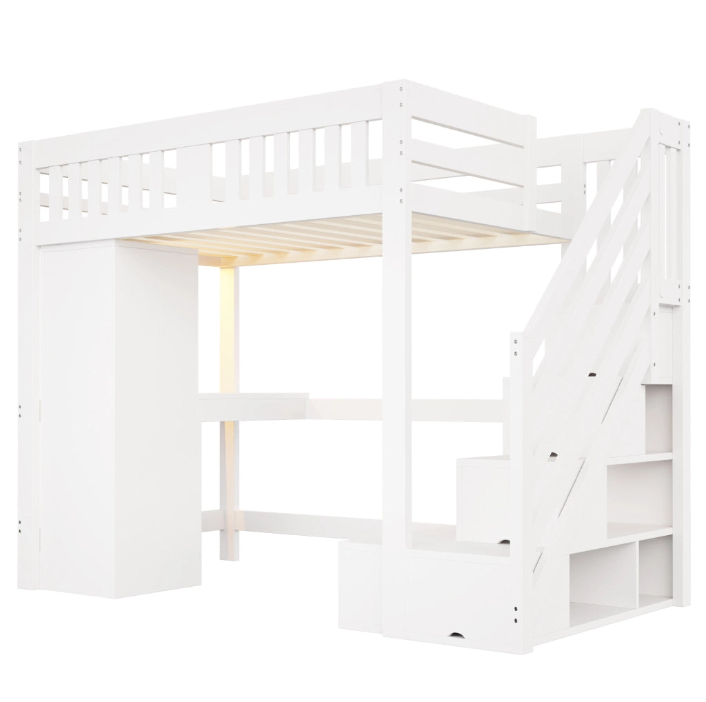 Letto a soppalco 140x200 cm multifunzione con scrivania; armadio e LED bianco HOMVRA