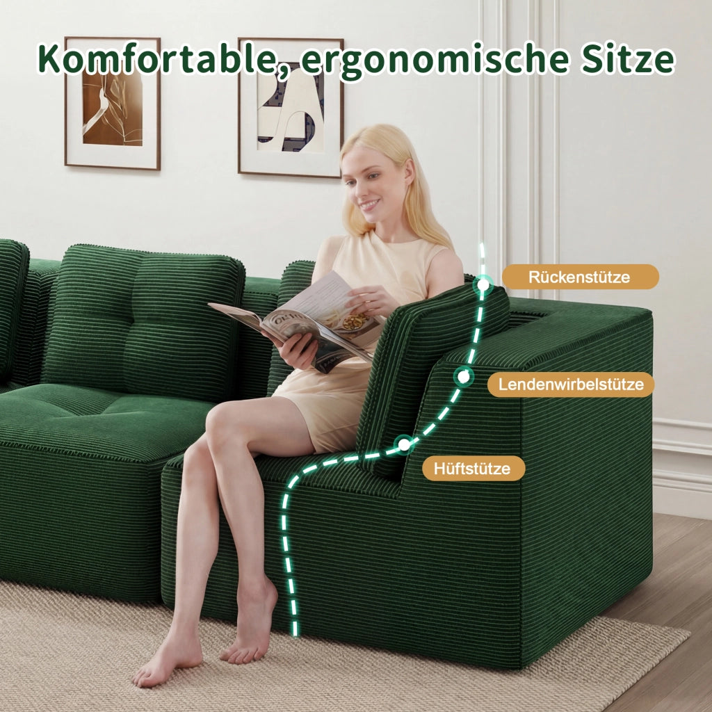 Divano angolare modulare 3 posti con chaise longue braccioli larghi e base antiscivolo in velluto a coste verde