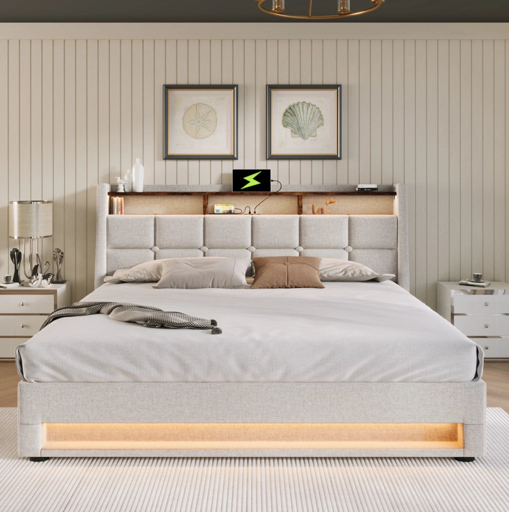 Letto imbottito beige chiaro 140 x 200 cm con LED, USB e contenitore