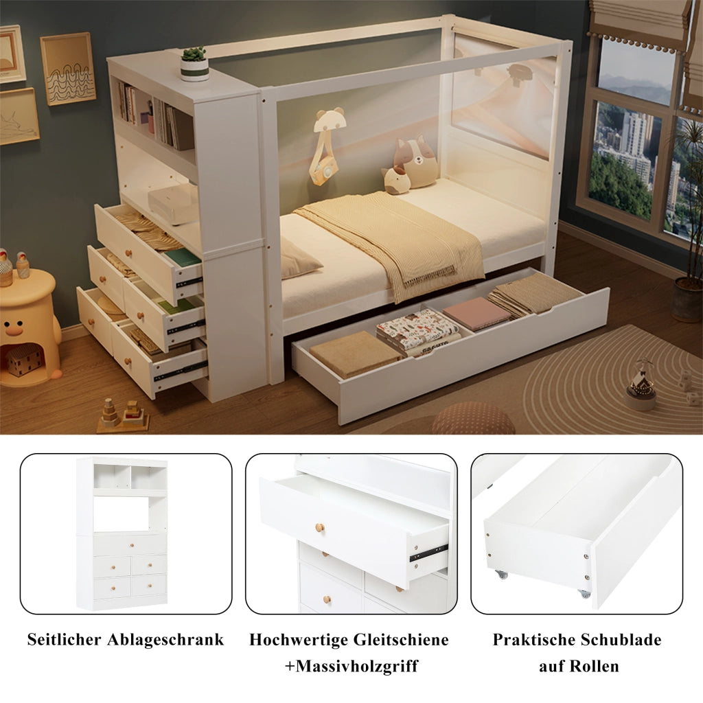 Letto singolo 90 × 200 cm con 5 cassetti e cassetto estraibile in legno bianco con sponde e barra superiore
