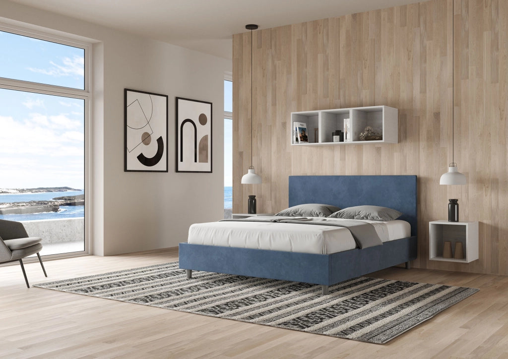 BS COM Letto queen size contenitore imbottito 150x200 microfibra blu