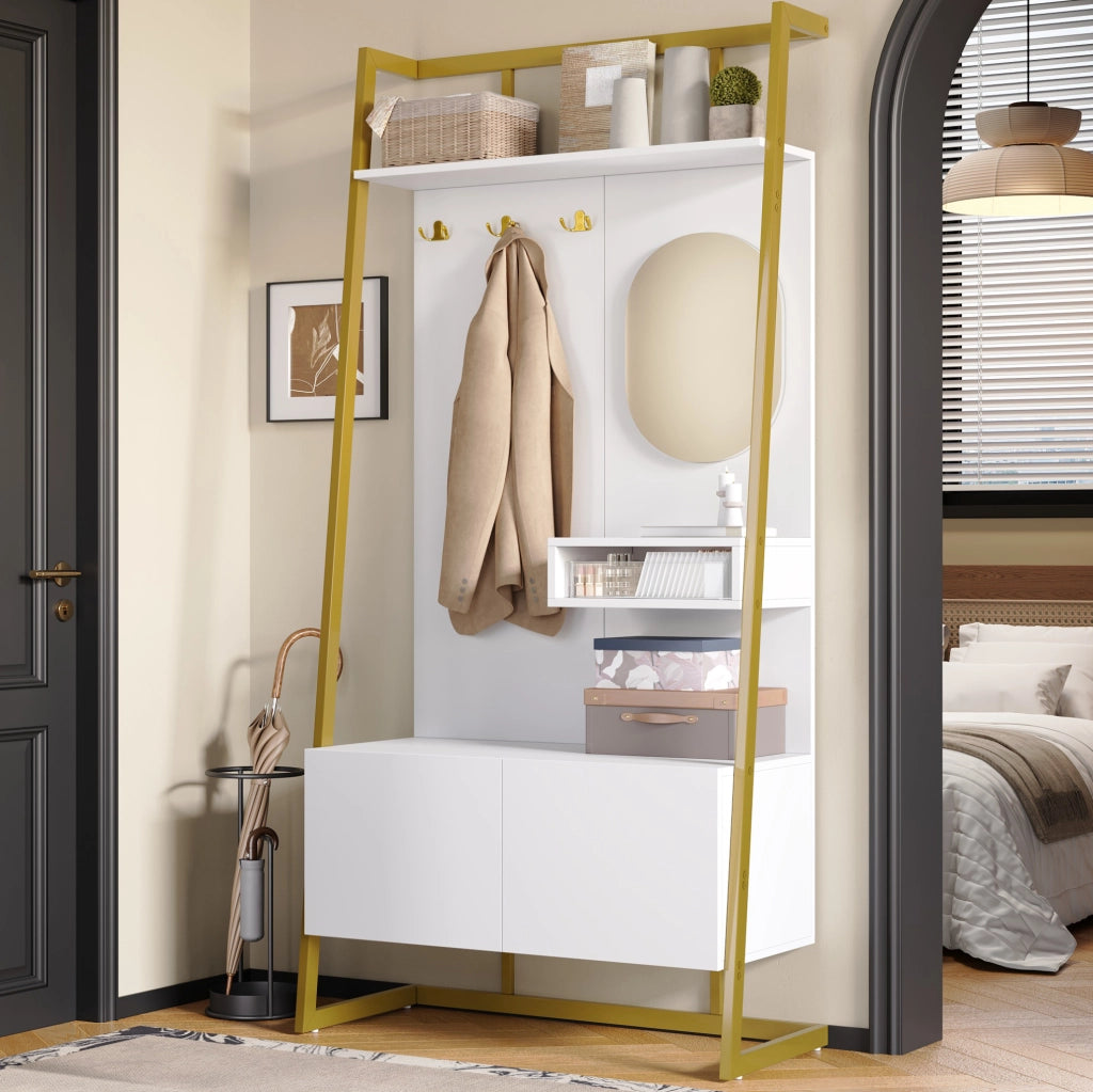 Garderoba compatta bianca con specchio, appendiabiti in metallo e vano porta scarpe, design minimalista per ingresso