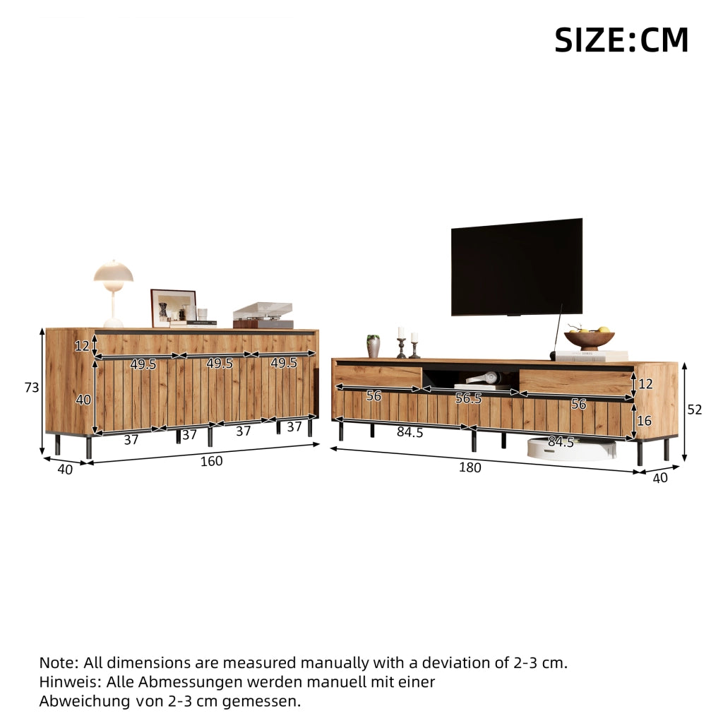 Set soggiorno con credenza 160 x 40 x 73 cm e mobile TV 180 x 40 x 52 cm, finitura naturale con dettagli neri