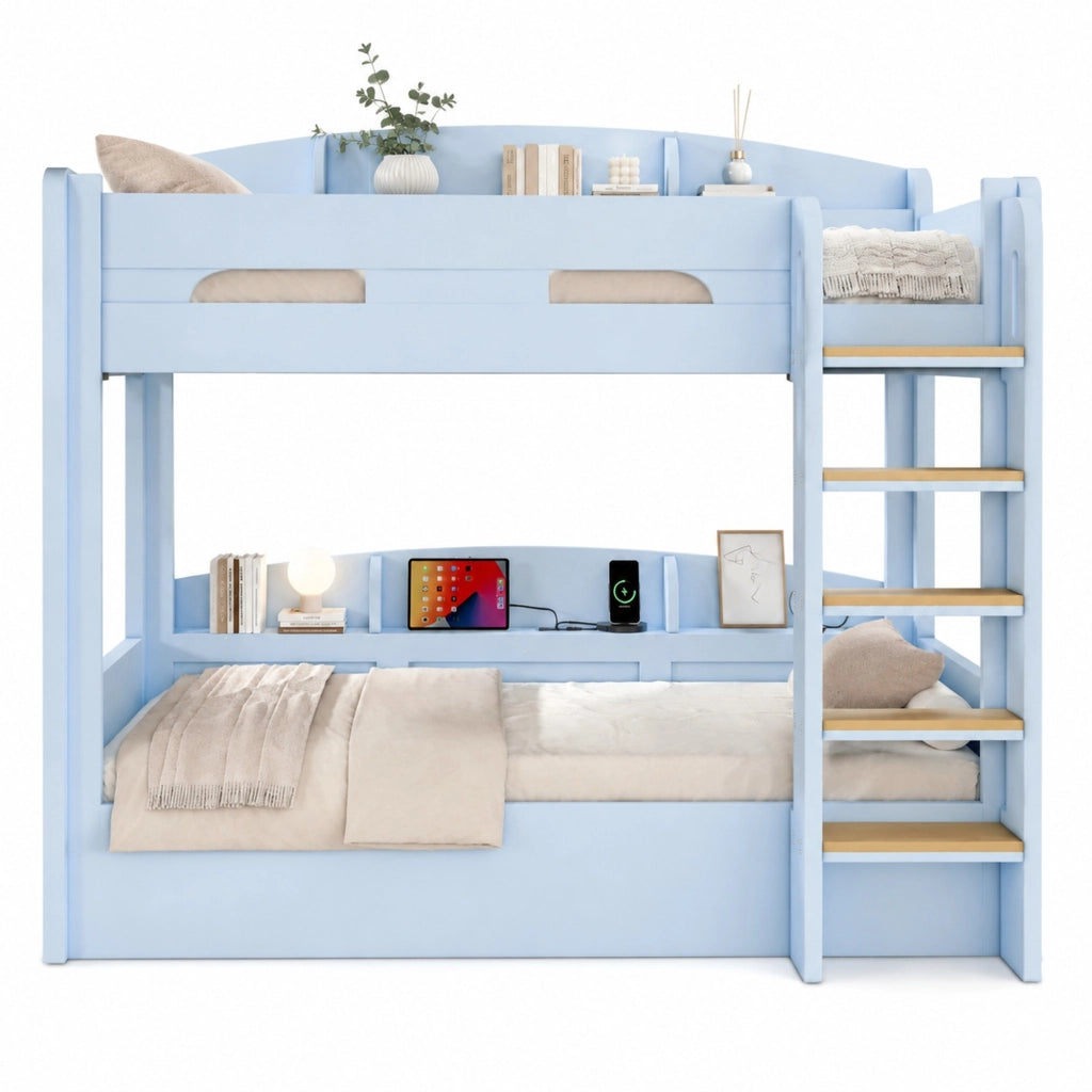 Letto a castello due posti 90 × 200 cm con presa USB e ripiani laterali in legno e MDF blu