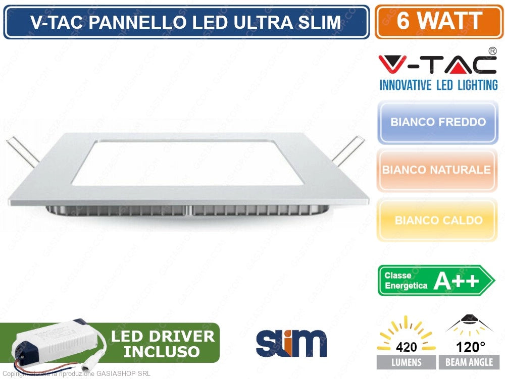 V-TAC VT-607 SQ PANNELLO LED QUADRATO 6W SMD DA INCASSO CON DRIVER - Colore Luce:Bianco Naturale