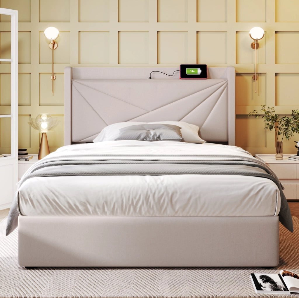 Letto singolo imbottito con contenitore 90x200 cm, struttura in lino con testiera USB Tipo C e rete a doghe