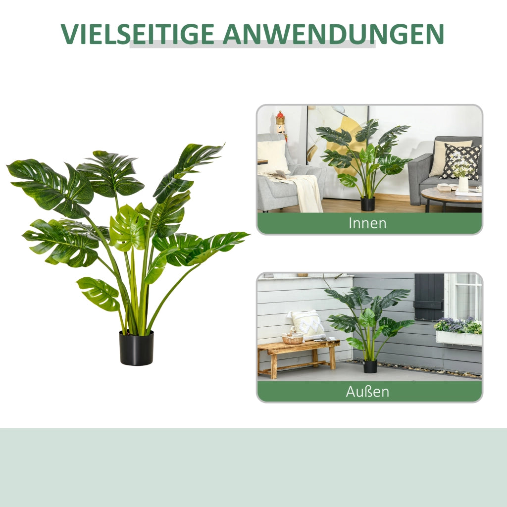 Pianta artificiale monstera da interno e esterno con 11 foglie realistiche vaso nero e base in cemento alta 110 cm