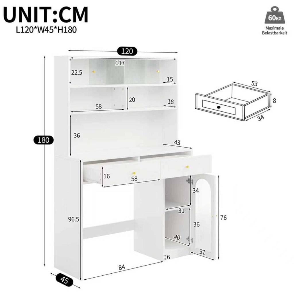 Credenza da cucina alta con 2 cassetti, ripiano regolabile, vani e pannello con ganci, bianca, 120 × 45 × 180 cm