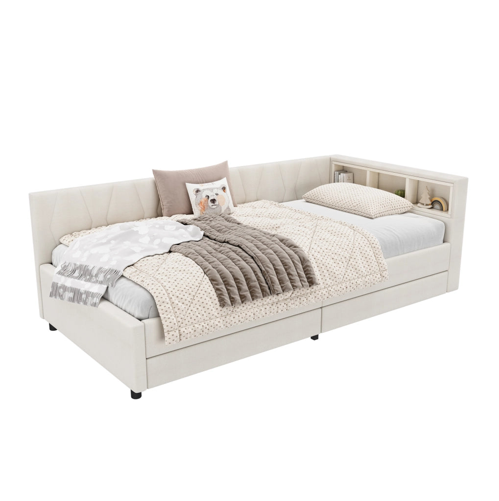 Letto singolo 90x200 con LED RGB， USB+Tipo C， 2 cassetti， vani al testale e rete a doghe， beige， in tessuto e MDF， per camera moderna e salvaspazio， senza materasso