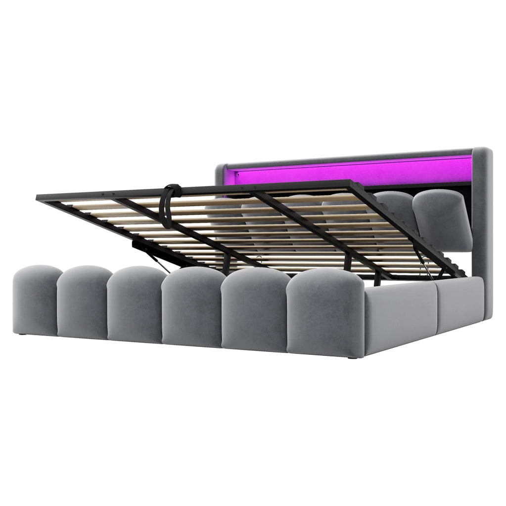 Letto matrimoniale imbottito 180x200 cm in velluto grigio con contenitore; LED e USB/Type-C