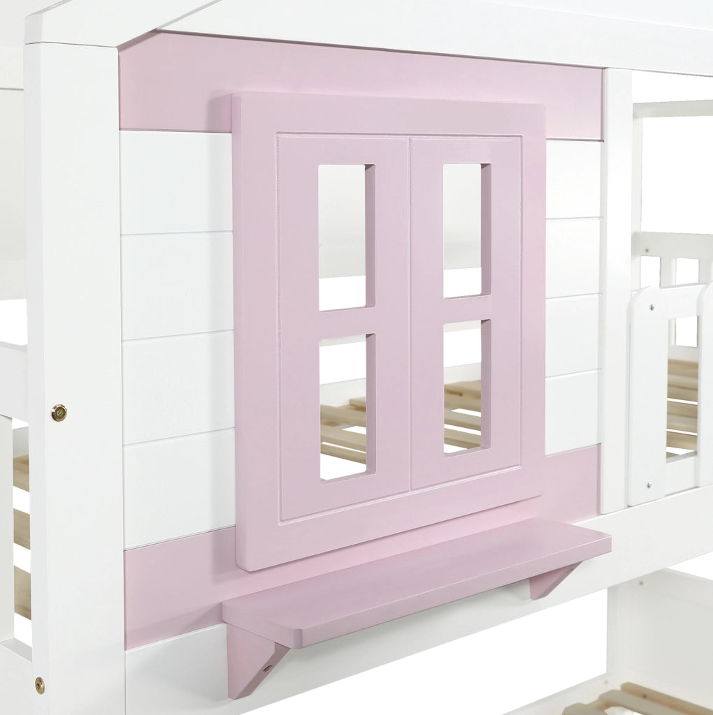 Letto a castello 90x200 cm bianco e rosa in legno e MDF, estraibile,
