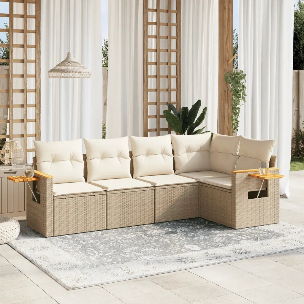 Set Divano da Giardino 5 pz con Cuscini Beige in Polyrattan