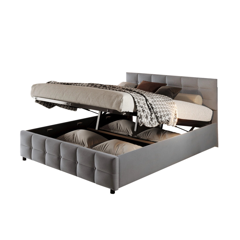 Letto imbottito con rete a doghe e sollevamento idraulico, grigio