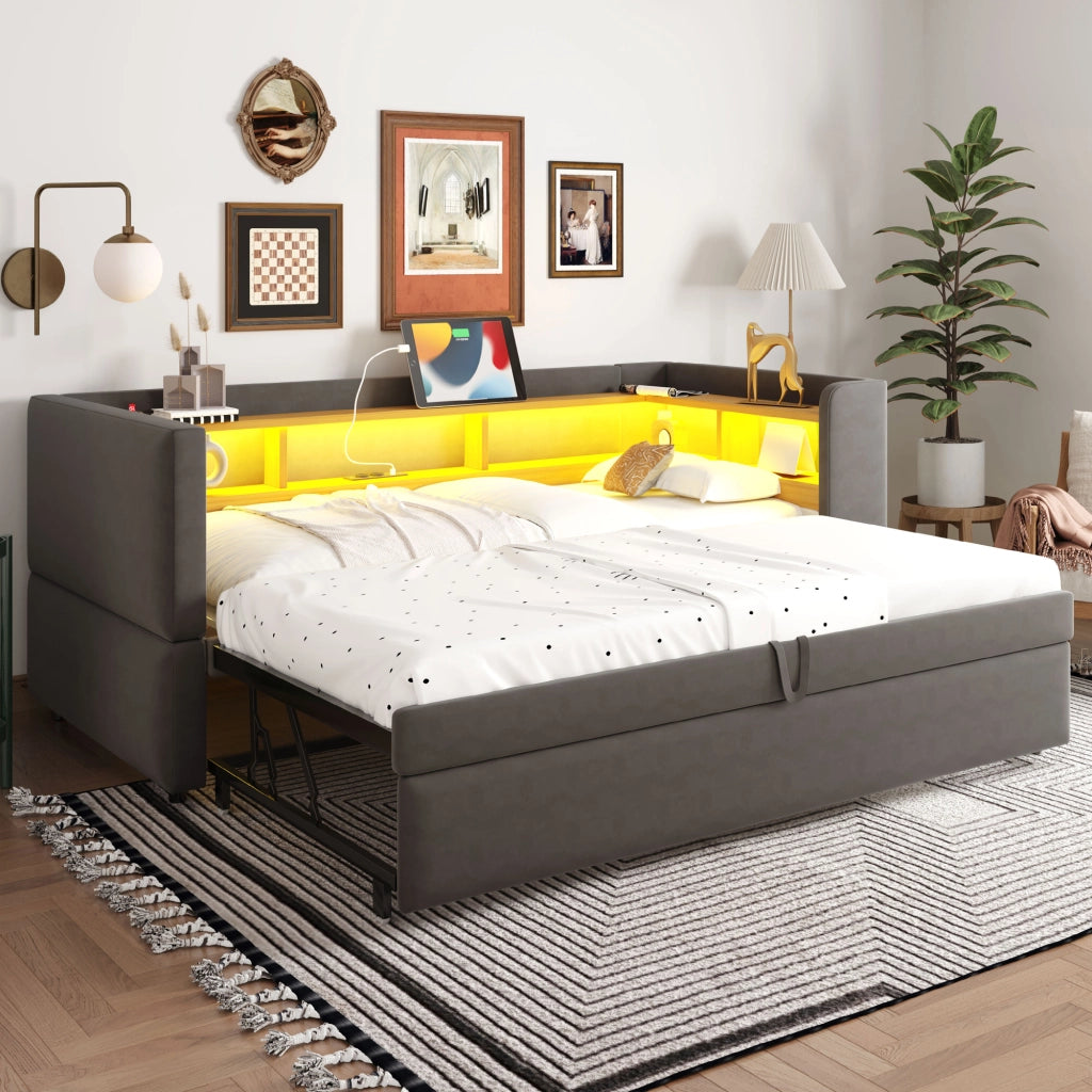 Letto Estraibile Letto Singolo 90/180 x 190 cm con LED; prese e vani contenitore
