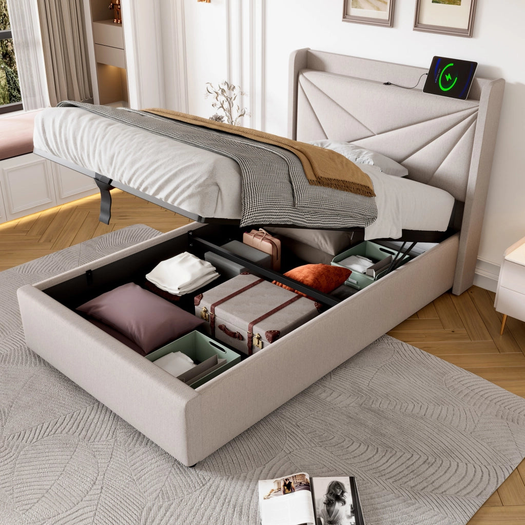 Letto singolo 90x200 con contenitore, testiera con USB e USB-C