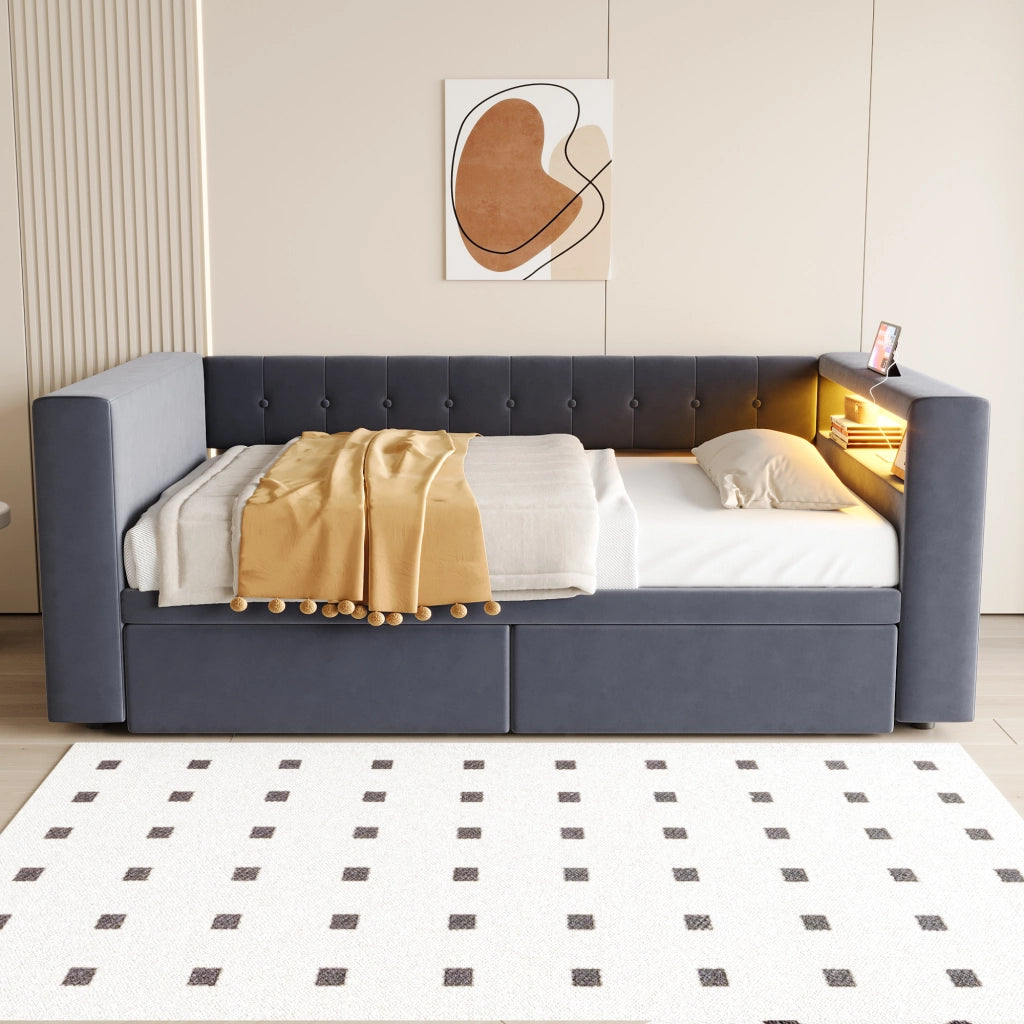 Divano letto 90 x 190 cm, letto singolo con illuminazione LED, porte USB, 2 cassetti spazioso, tessuto flanella grigio scuro, rete a doghe inclusa