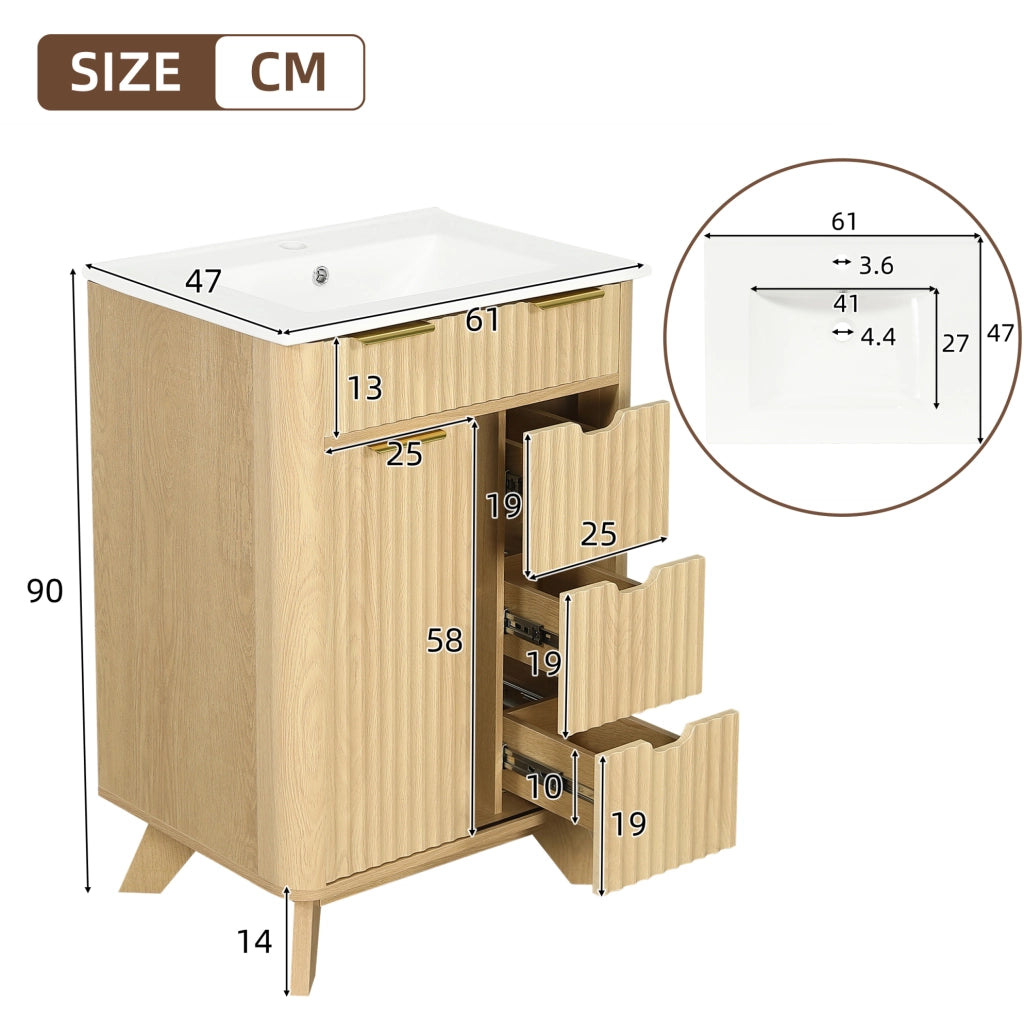 Mobile bagno 61 cm con effetto onde in legno naturale, 3 cassetti estraibili e anta scorrevole con ripiano, lavabo in ceramica incluso