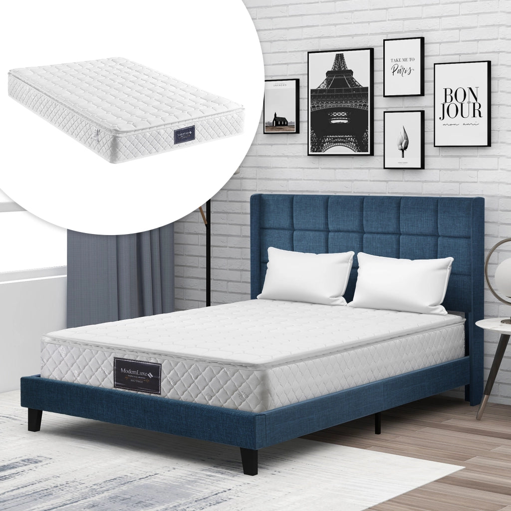Letto imbottito in lino blu con doghe, 140x200 cm