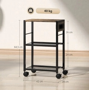Supporto per stampante ULEVR 42x28x64,5 cm con 3 ripiani, prese elettriche USB e USB-C, ruote con freno, marrone rustico