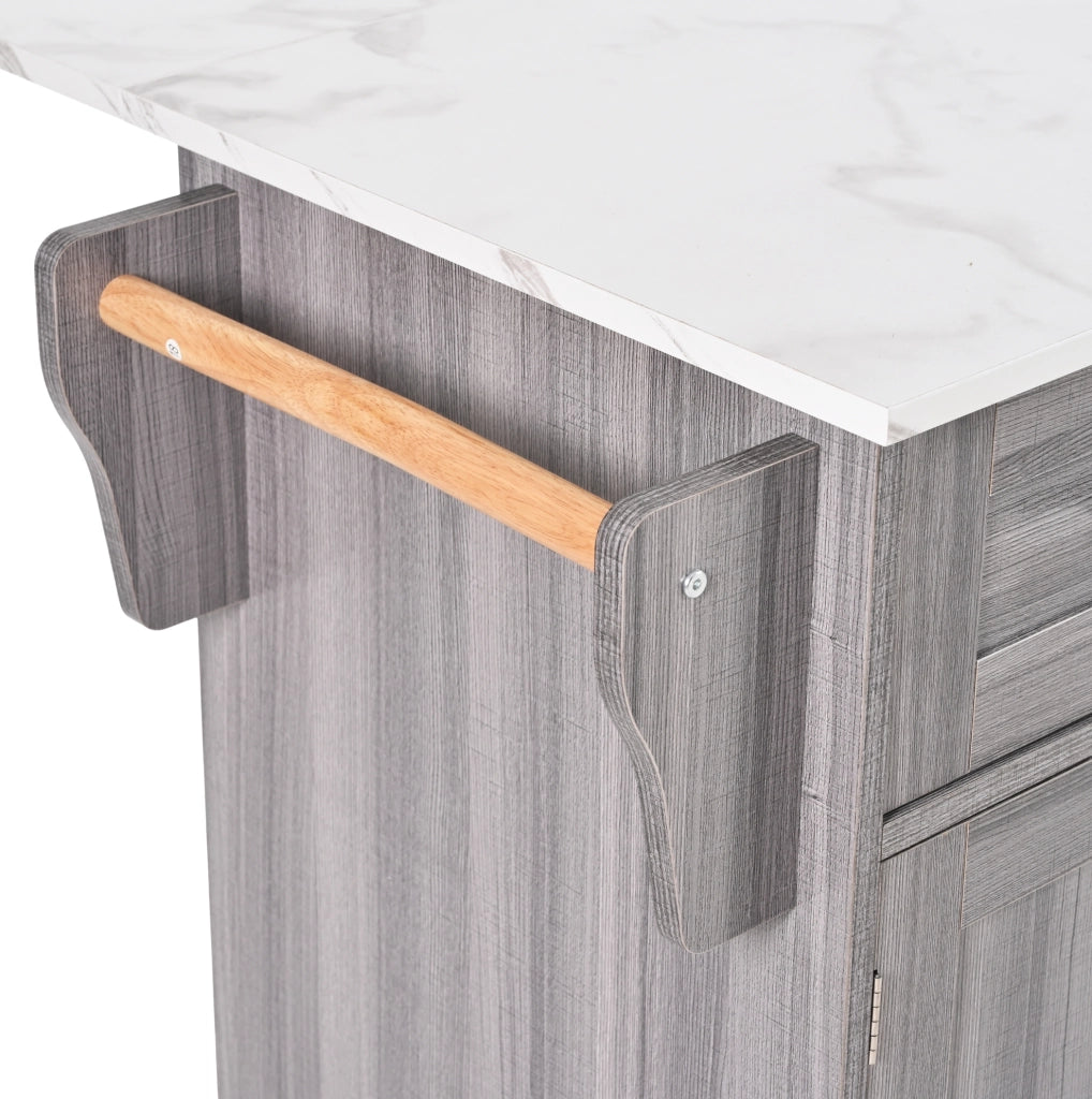 Carrello cucina multifunzione 139x46(71)x91,5 cm con ripiani interni, piano pieghevole e finitura effetto legno grigio e marmo bianco