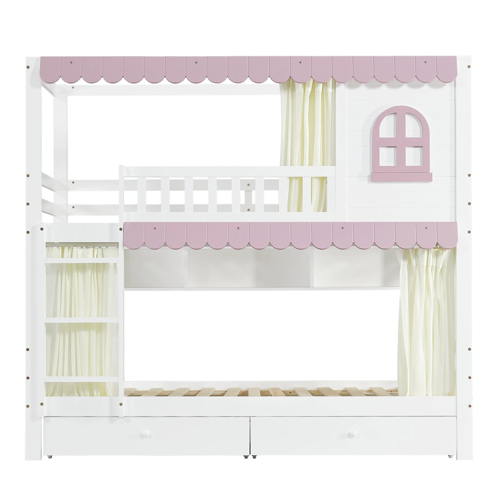 Letto a castello per bambini 90x200 cm con 2 cassetti; mensole; finestre e tende; pino MDF bianco rosa