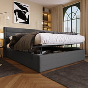 Letto contenitore 180 × 200 cm con sollevamento idraulico testiera imbottita in lino grigio con rete a doghe