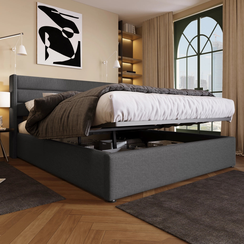 Letto contenitore 180 × 200 cm con sollevamento idraulico testiera imbottita in lino grigio con rete a doghe